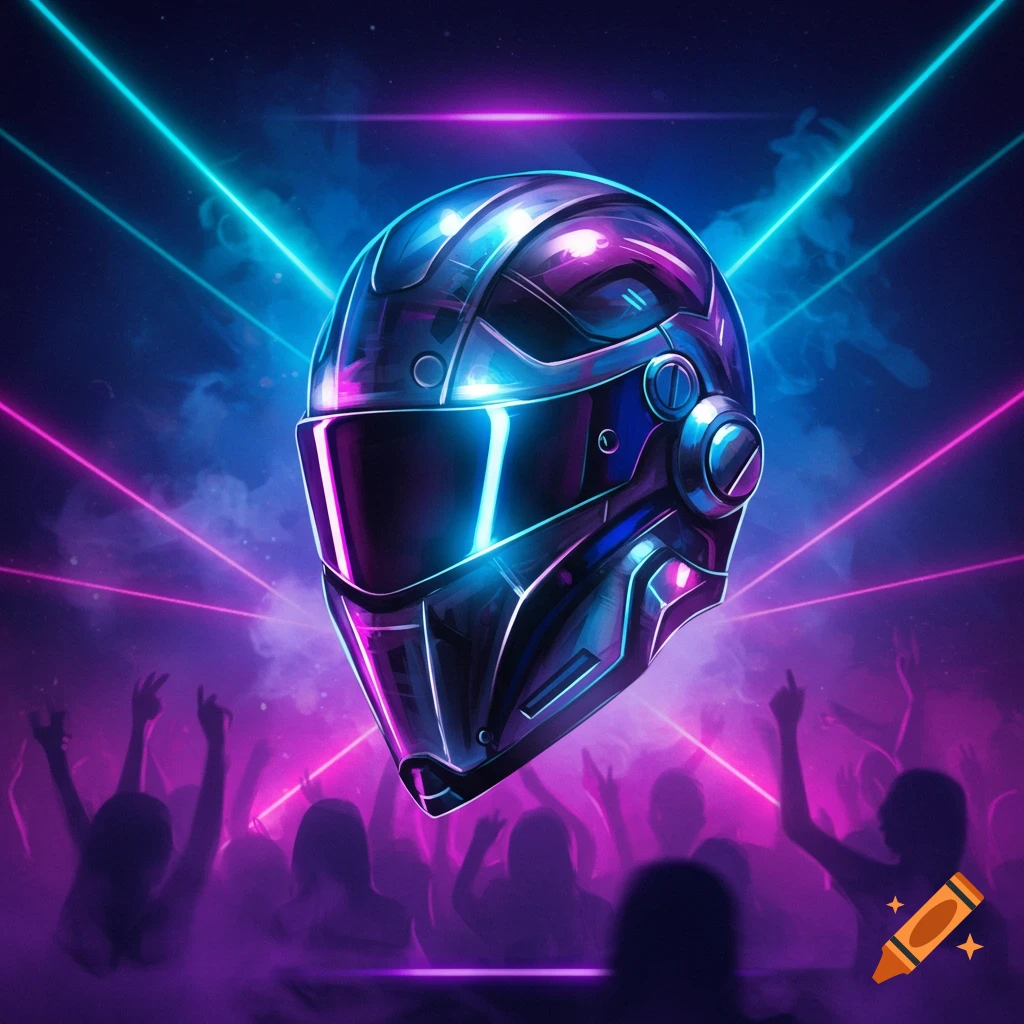 A futuristic helmet with a dark visor glows with blue and pink neon lights, against a background of silhouetted people at a concert.
