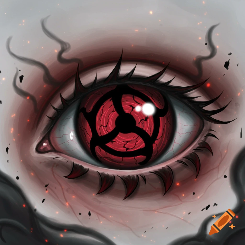 Close-up of a detailed red anime eye with a black Mangekyo Sharingan pattern in the iris, surrounded by dark smoky tendrils.