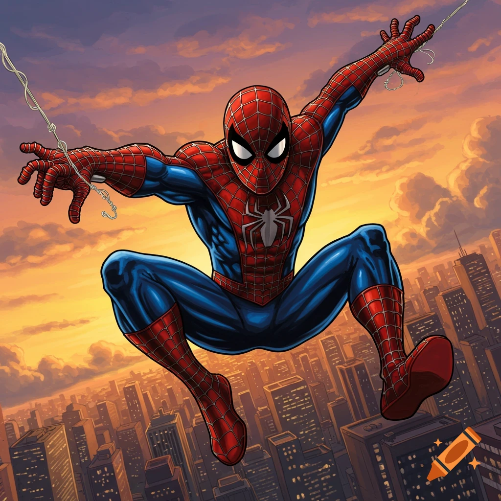 Spider-Man in his classic suit flying over a city at sunset, in a vibrant comic book art style.