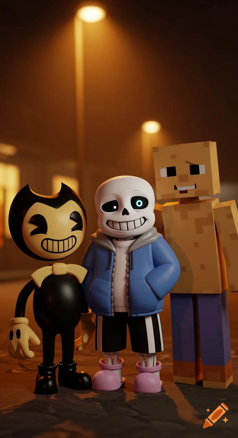 3D rendered image of Bendy, Sans, and Herobrine standing happily under streetlights at night, slightly blurry.