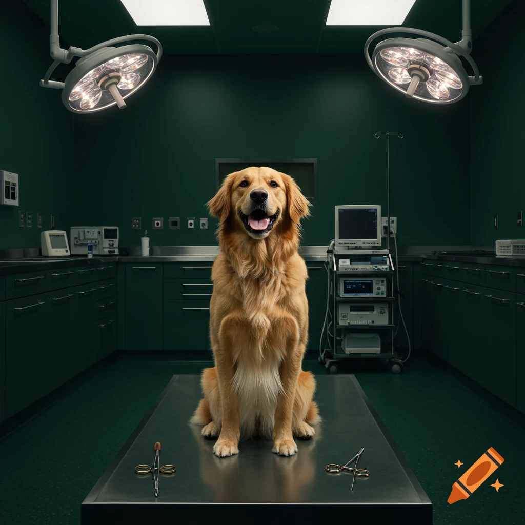 A happy golden retriever dog sits on a metal operating table in a dark green veterinarian's room with surgical lights overhead.