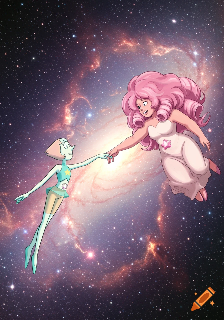 Pearl and Rose Quartz from Steven Universe float in space, reaching hands like in The Creation of Adam painting.
