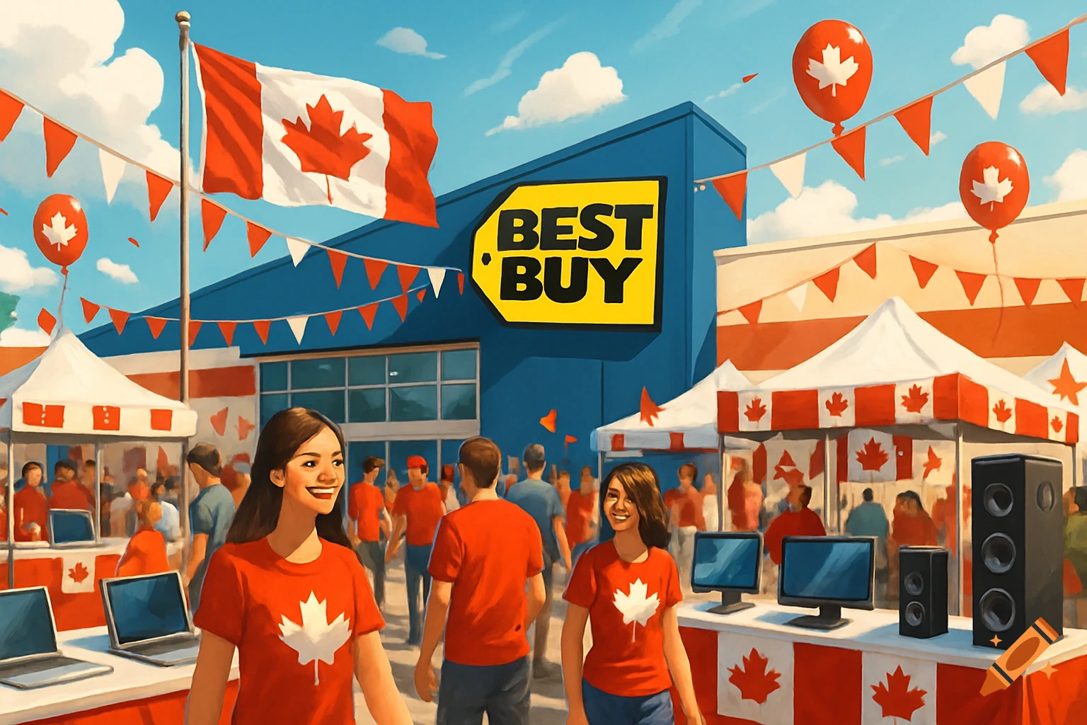 A stylized depiction of a Canada Day celebration outside a Best Buy store, with red and white decorations, Canadian flags, balloons, and people.