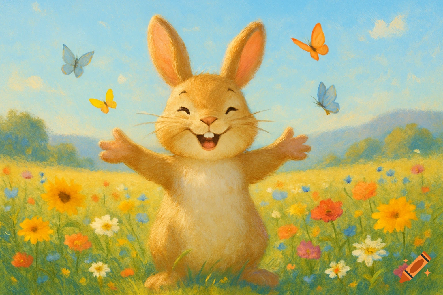 A happy, smiling cartoon rabbit with open arms stands in a vibrant field of colorful flowers with butterflies, in a painterly style.