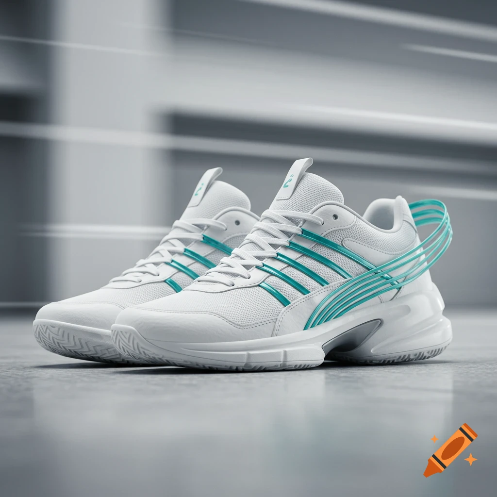 A pair of white sneakers with aqua stripes sits on a reflective floor against a blurred grey background.