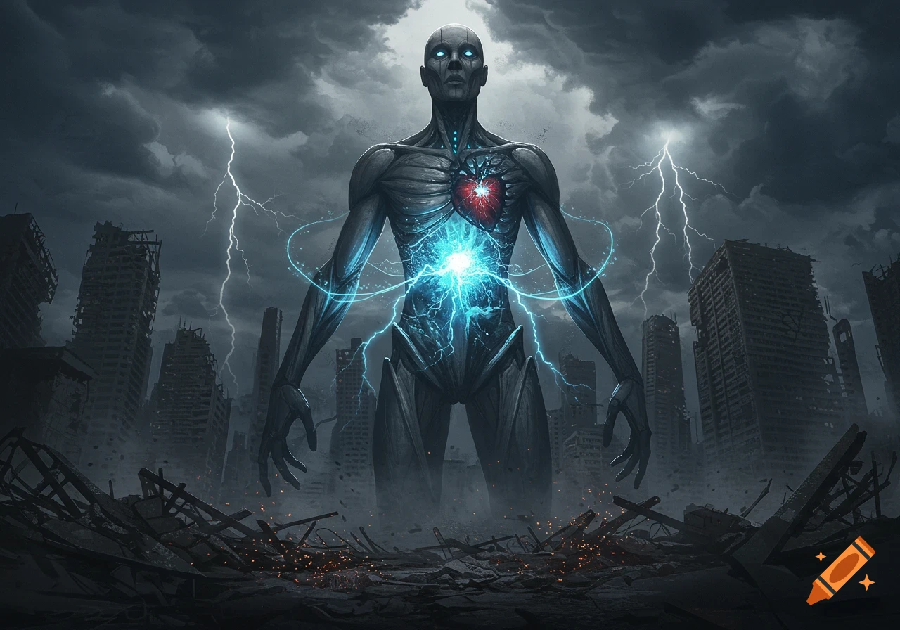 A powerful humanoid figure with a glowing red heart and blue energy from its chest stands in a ruined city under a stormy, lightning-filled sky, digital art.