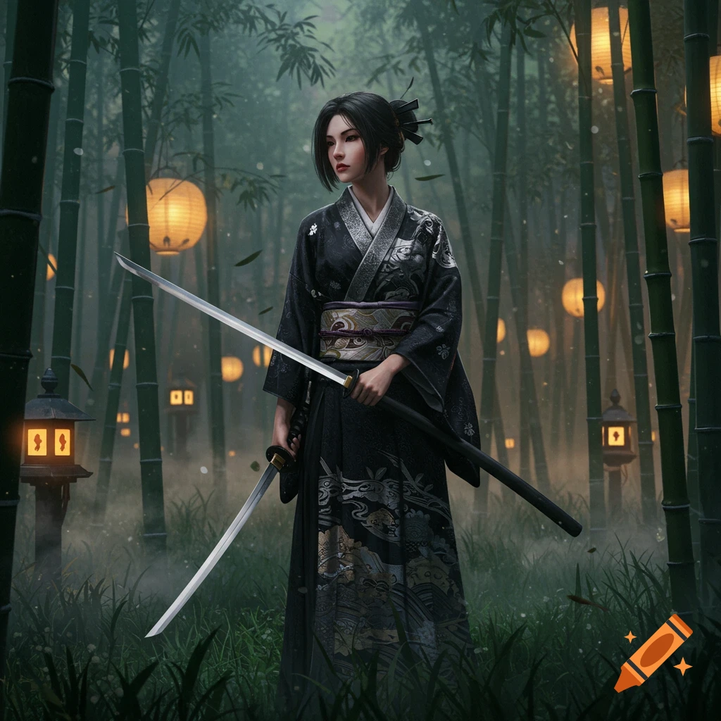 A photorealistic depiction of a Japanese woman in a dark kimono holding two katanas in a misty bamboo forest with glowing lanterns.