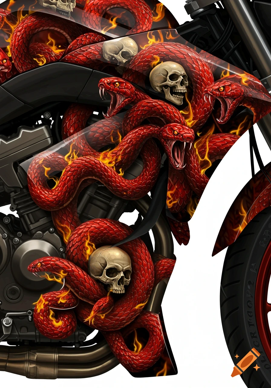 A custom motorcycle design featuring vibrant red snakes with open mouths, skulls, and fiery orange flames intertwined around the engine and bodywork. Stylized art.