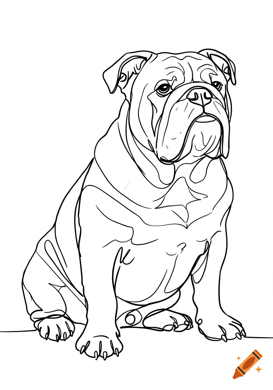 Abstract line drawing of a sitting bulldog on a white background.