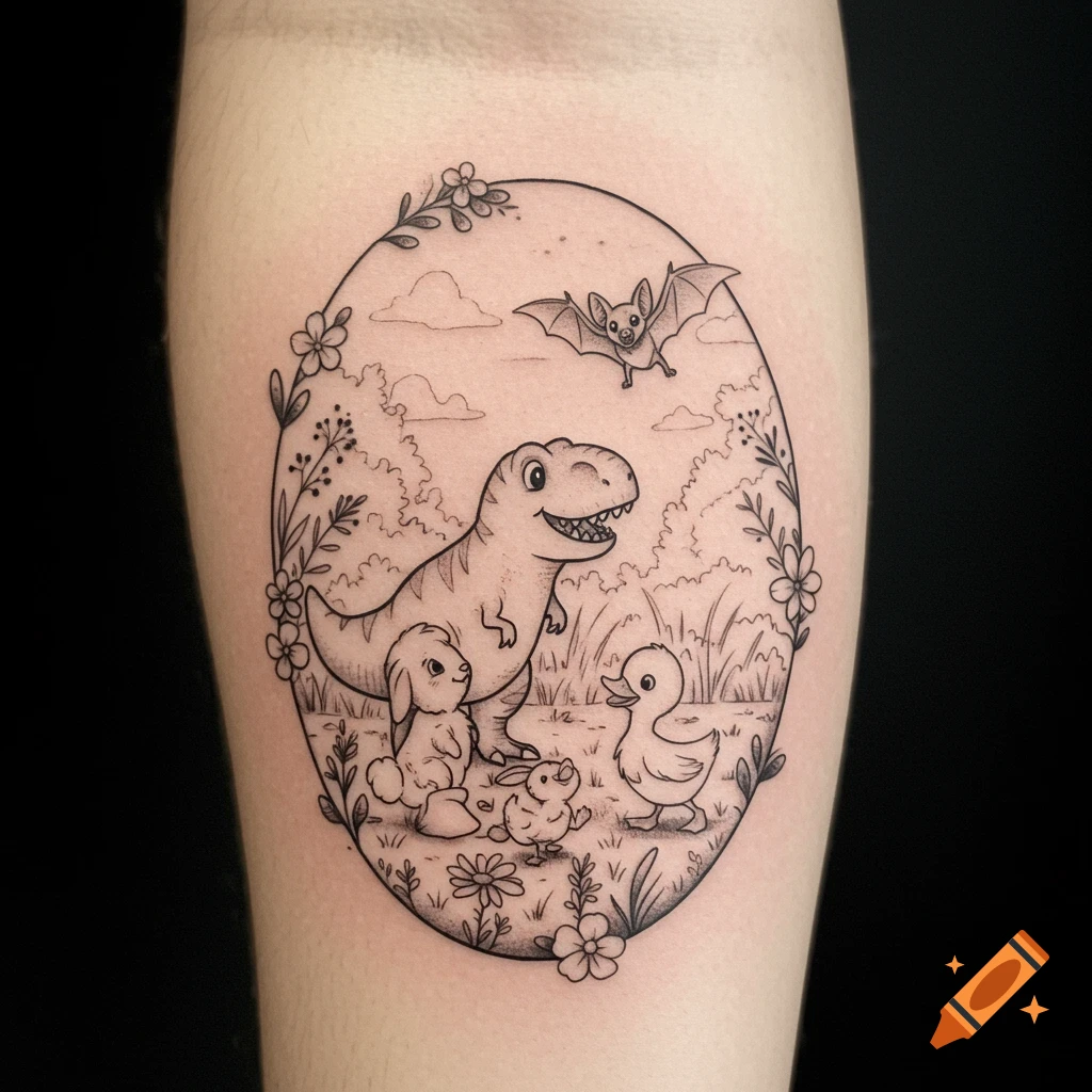 Black and white cartoon tattoo on a forearm featuring a T-Rex, bunny, duckling, and bat in a floral oval frame.