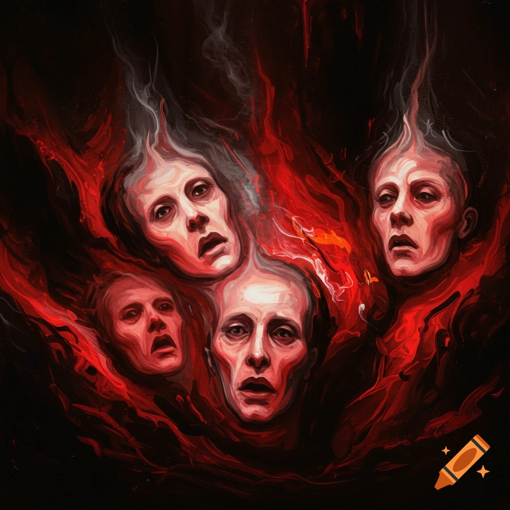 Four distorted, pale faces in agony emerge from a chaotic red and black abstract painting, with smoke-like wisps.