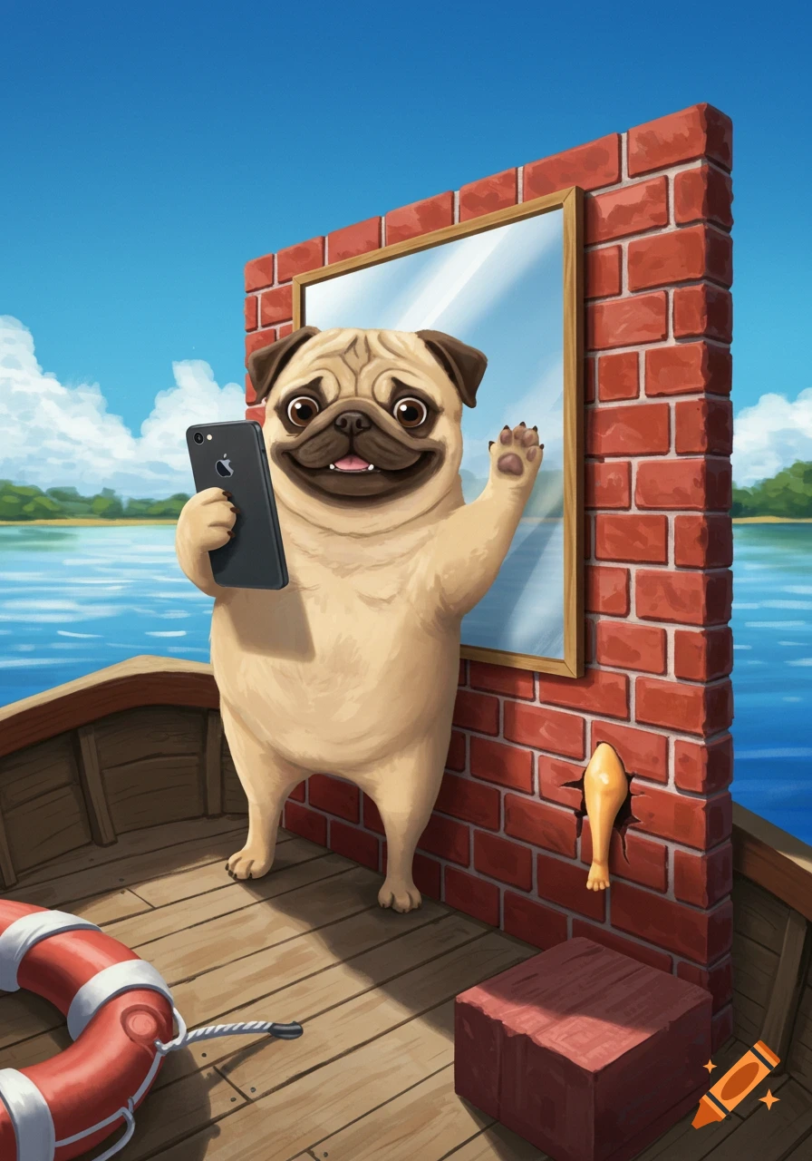 A cartoon pug stands on a wooden boat, holding a smartphone and taking a selfie in a mirror set in a brick wall, with a leg protruding from the wall.