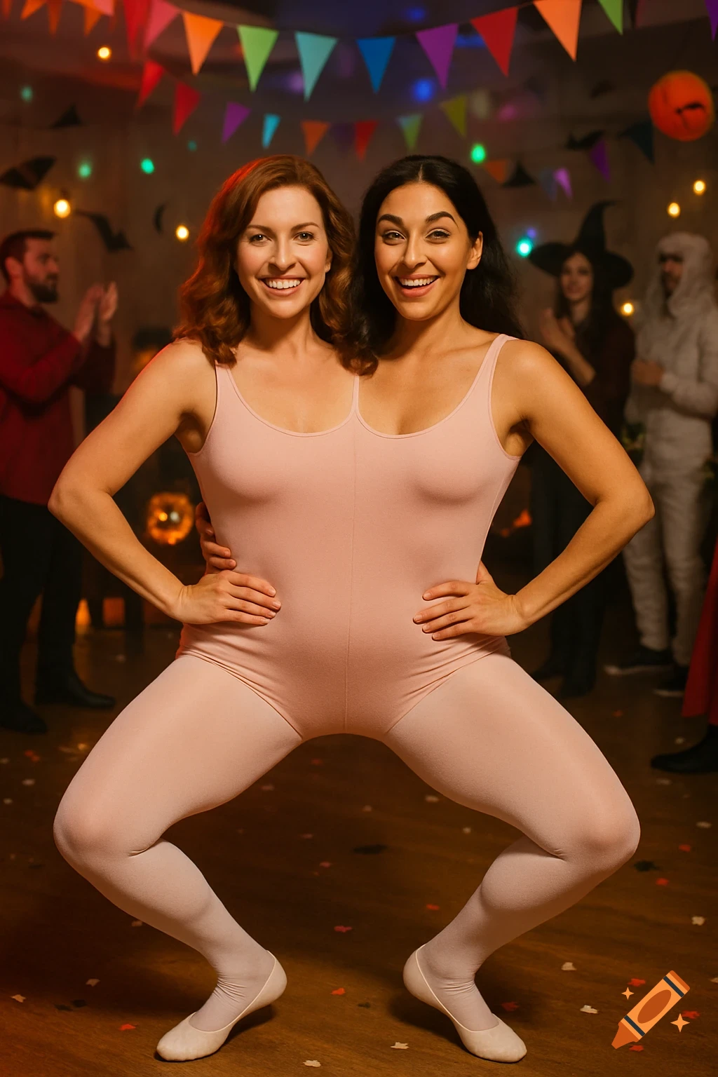 Two smiling women in a single pastel pink leotard and white tights, creating an illusion of one conjoined person, at a Halloween party with decorations.