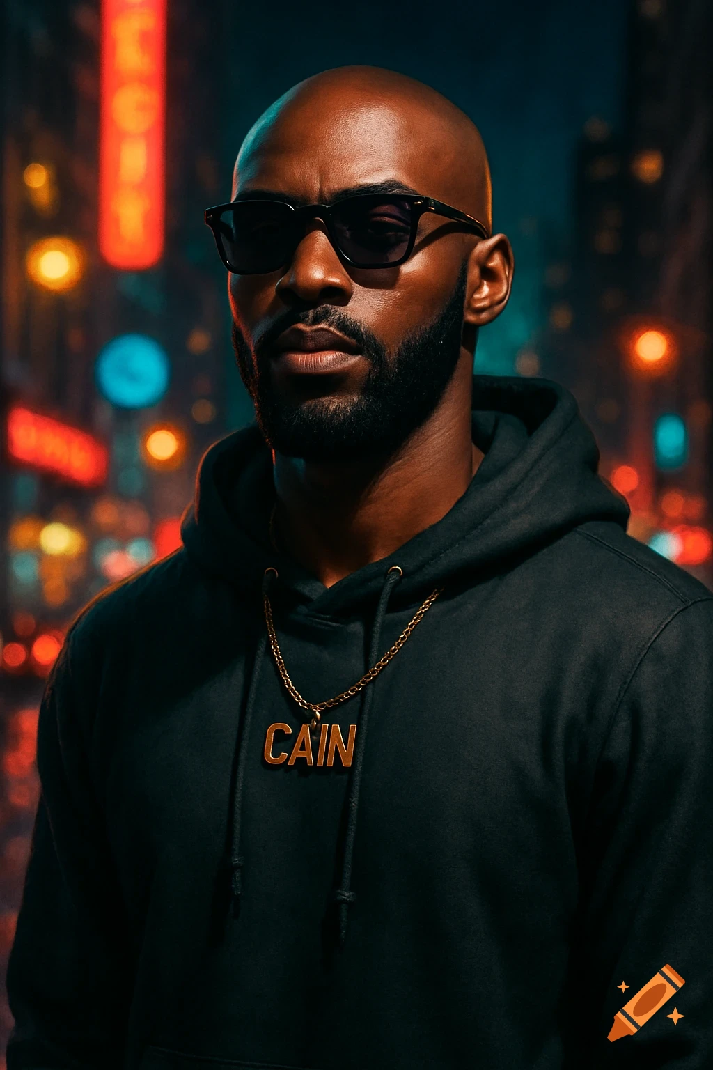 Photorealistic portrait of a bald Black man with a beard, sunglasses, and a 'CAIN' necklace, against blurred neon city lights.