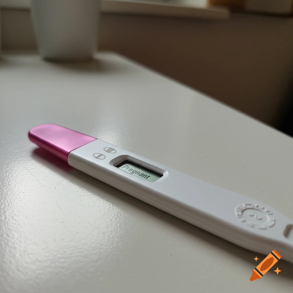 A close-up, photorealistic shot of a digital pregnancy test displaying the word "Pregnant" on a white counter.