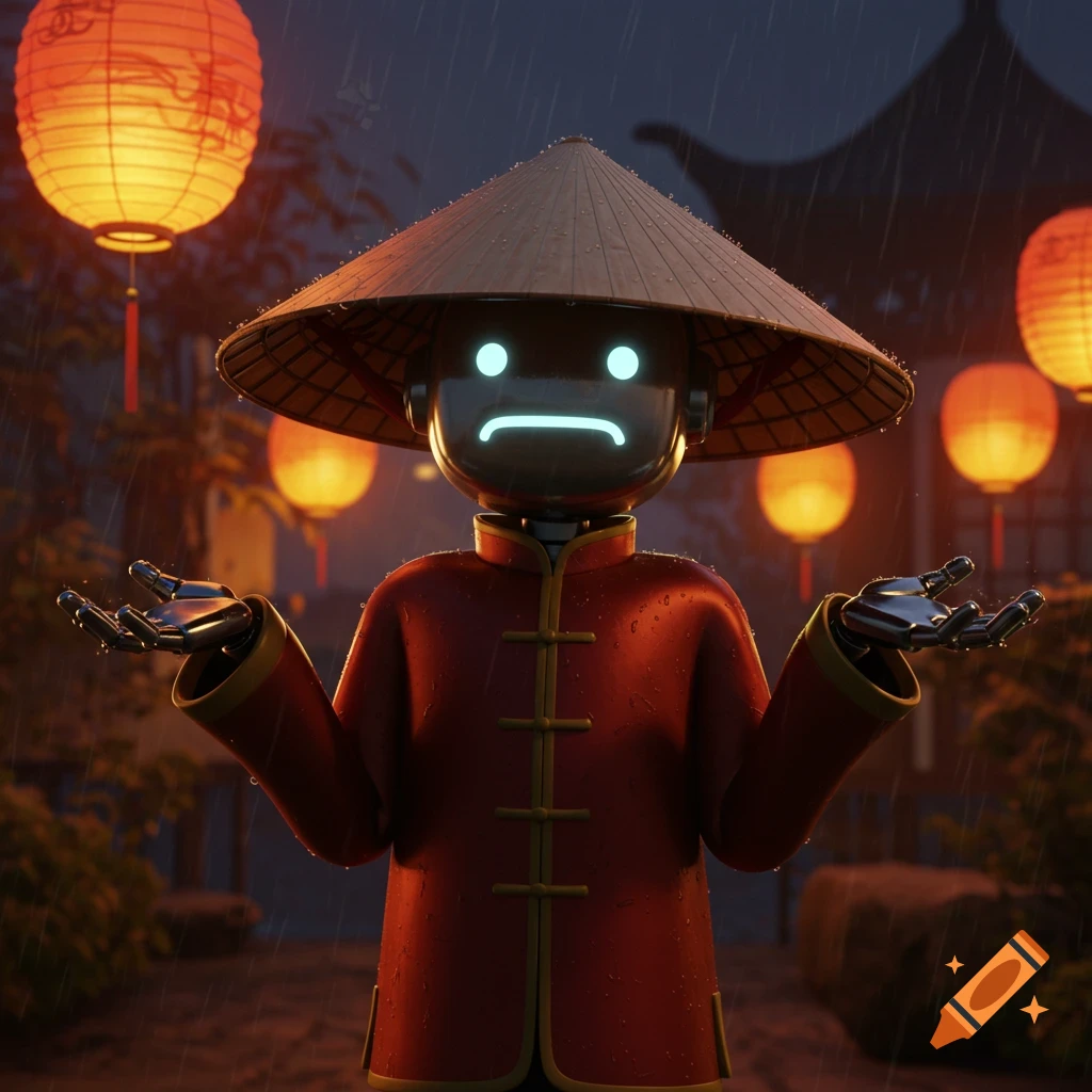 A 3D rendered robot wearing a conical hat and red jacket stands in the rain with a glowing sad/shrug emoji face and open hands, surrounded by lanterns.