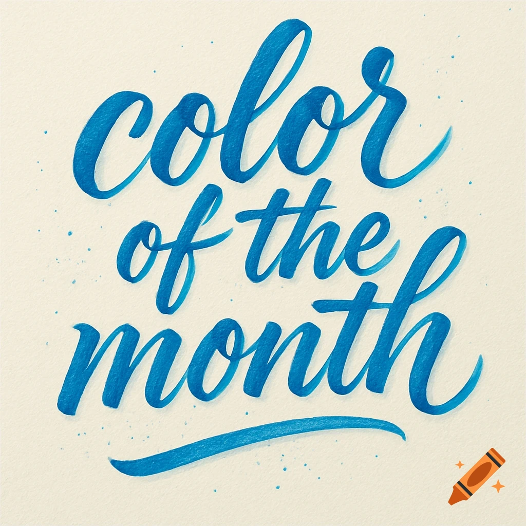 A calligraphic phrase "color of the month" written in blue script with watercolor texture on a light, textured background.