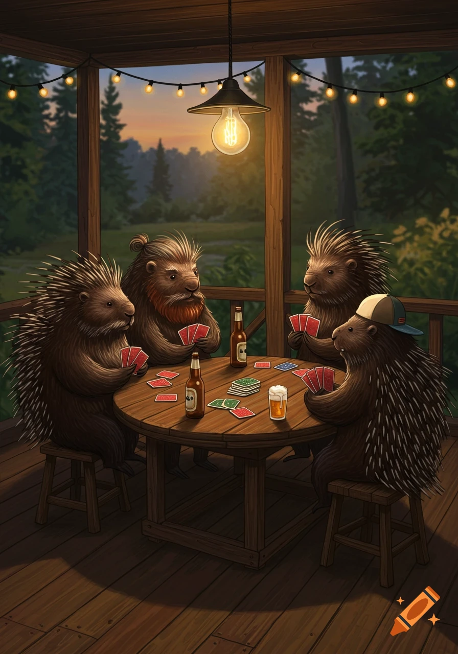 Four anthropomorphic porcupines playing cards and drinking beer around a wooden table on a screened porch at dusk.