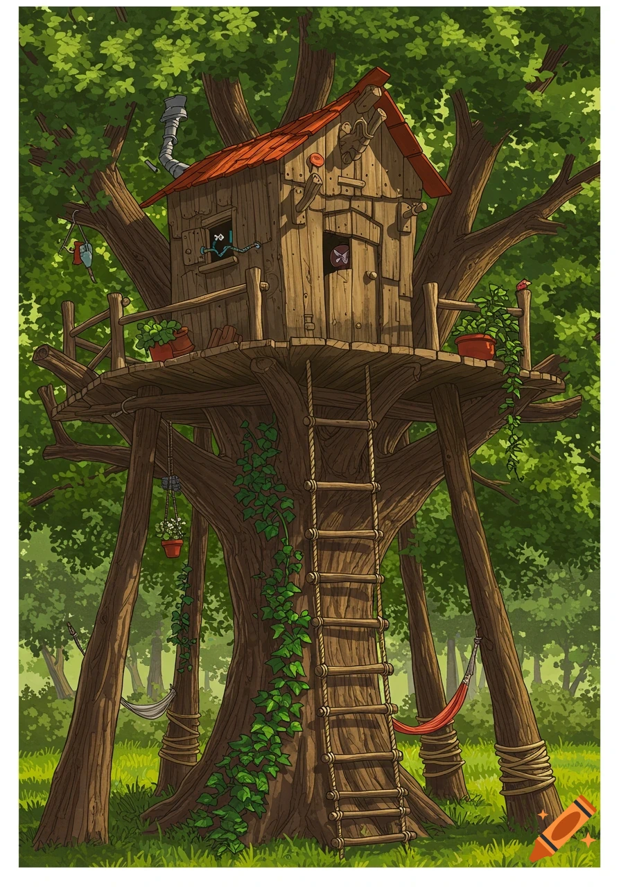 A vibrant cartoon illustration of a detailed wooden treehouse nestled high in a lush green tree, with a rope ladder descending.