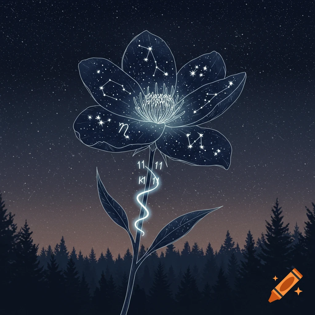 A stylized glowing outline of a flower filled with constellations and stars, set against a dark starry night sky over a forest.