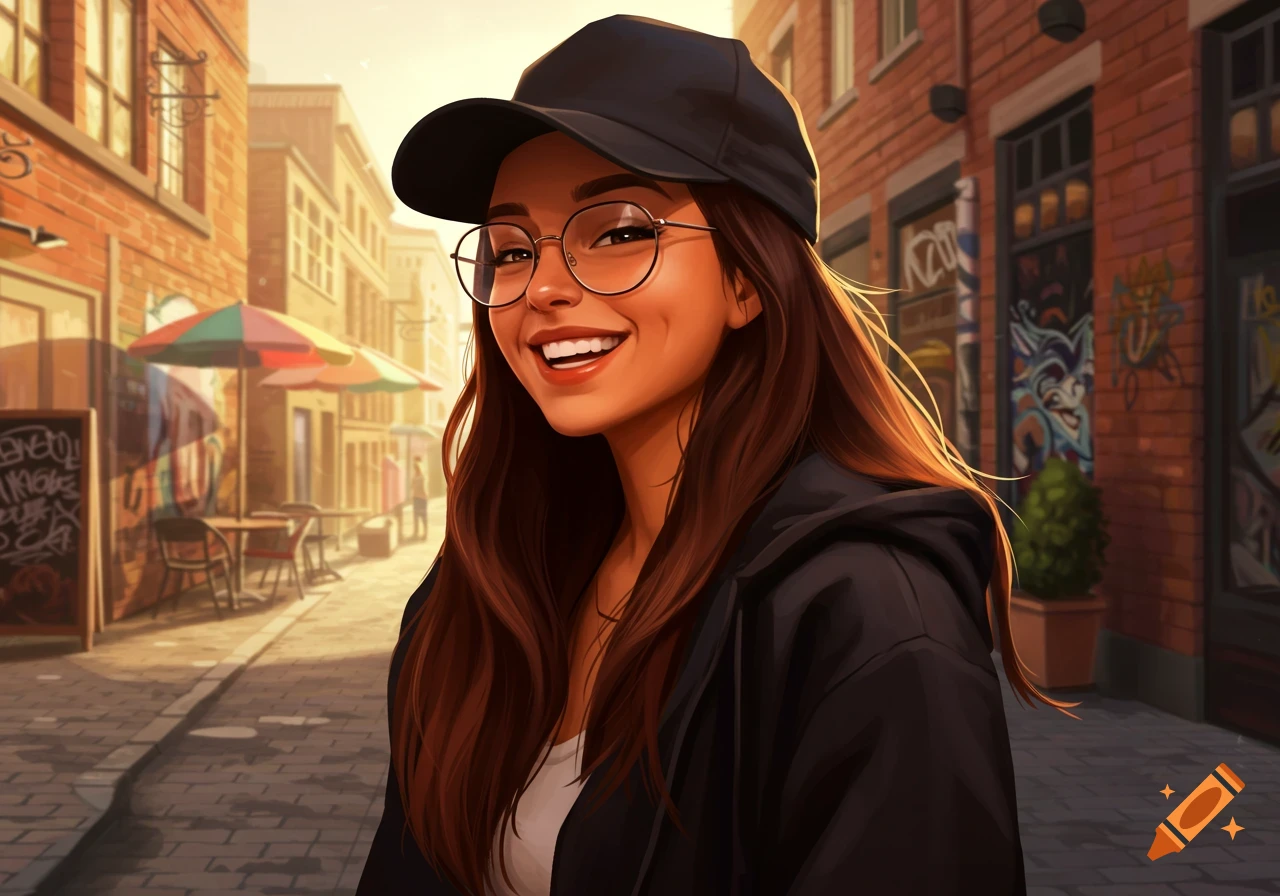 Smiling young woman in a black baseball cap and round glasses on a city street, illustrated style.