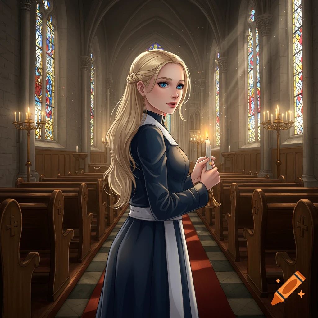A cartoon blonde woman in a dark dress holds a lit candle inside a church with stained glass windows.