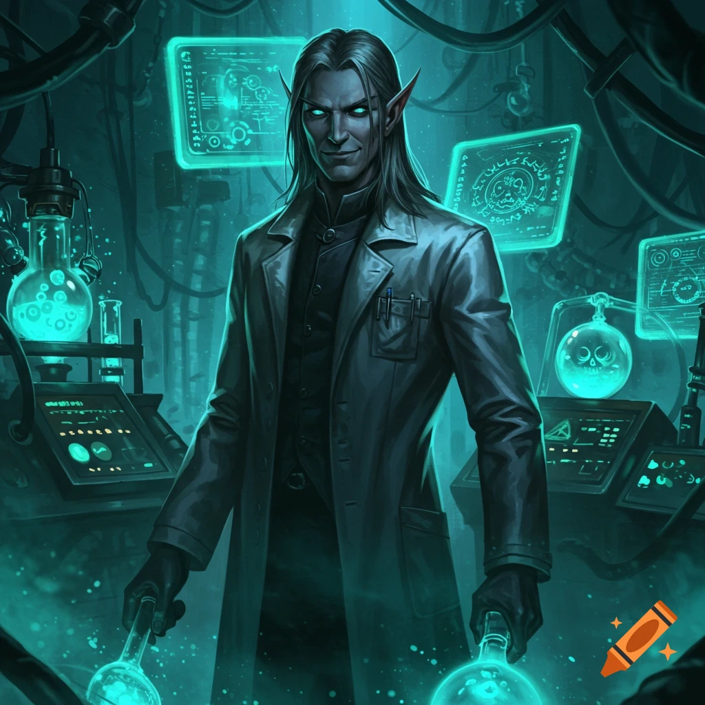 An evil-looking elven scientist with glowing eyes and long dark hair in a lab coat stands in a dimly lit, glowing green laboratory filled with beakers and screens.