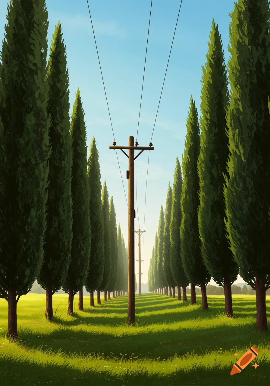 A long row of tall, narrow Italian cypress trees line a green grassy field under a bright blue sky, with telegraph poles and wires running down the center.
