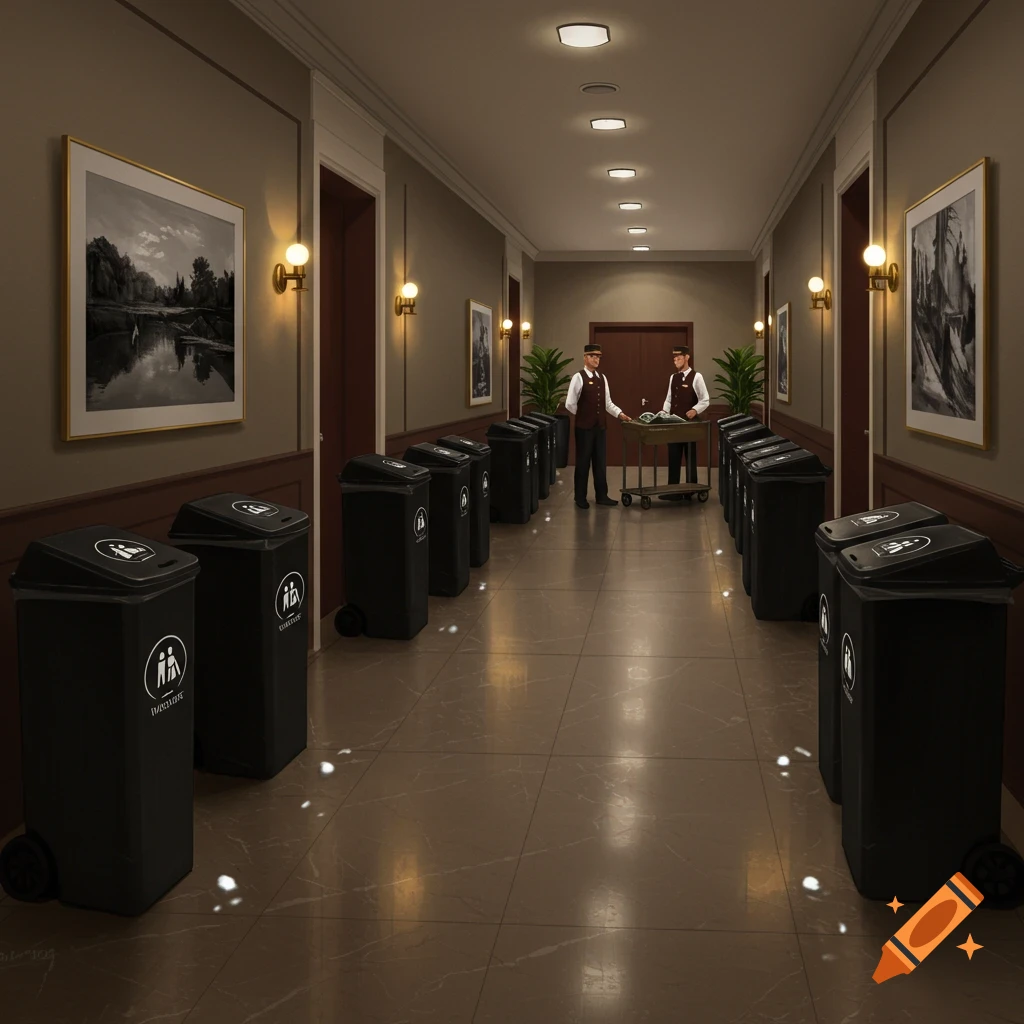 A long apartment or hotel hallway lined with black valet trash cans, with two valets standing by a cart at the far end.