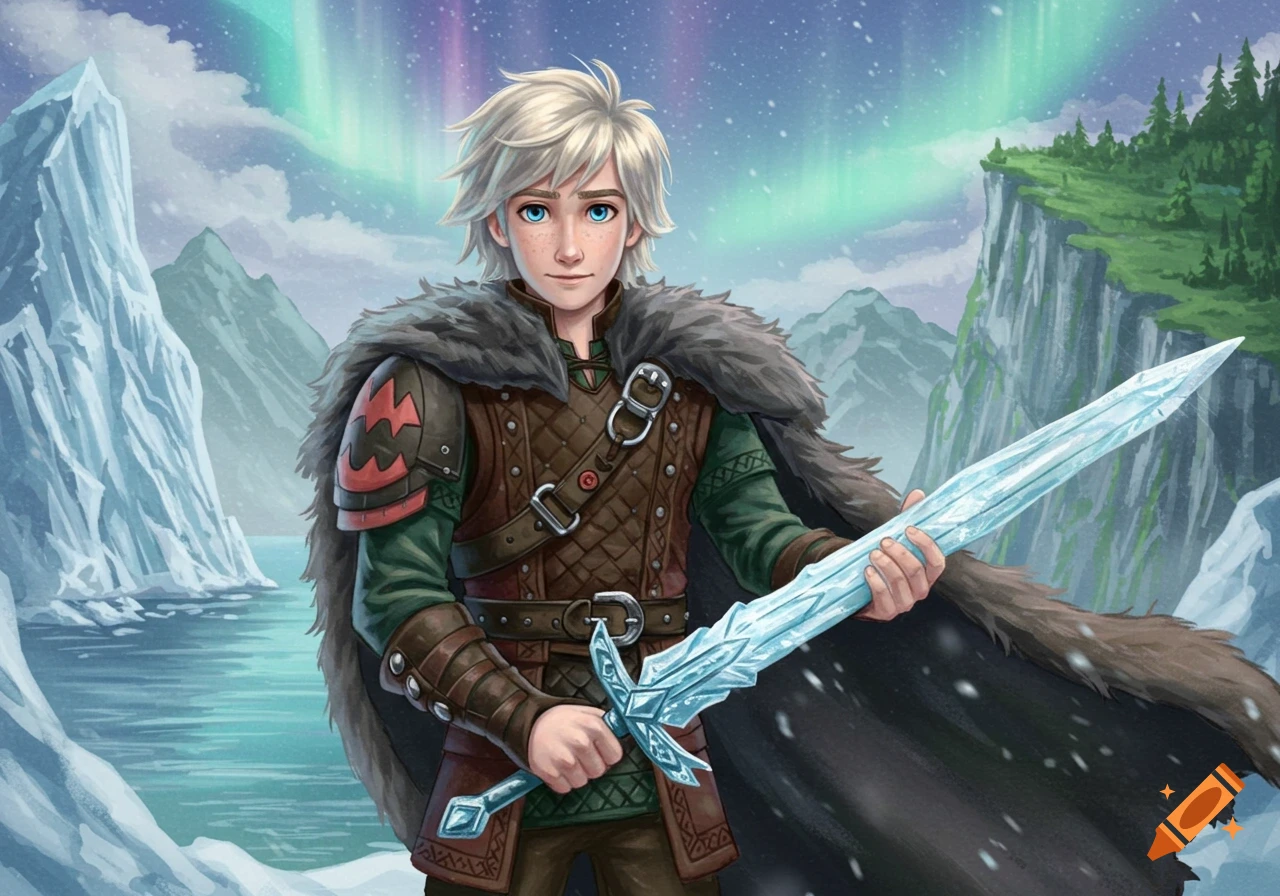 A young, blonde-haired man in fur and leather armor holds an ice sword in an icy, mountainous landscape under an aurora borealis.