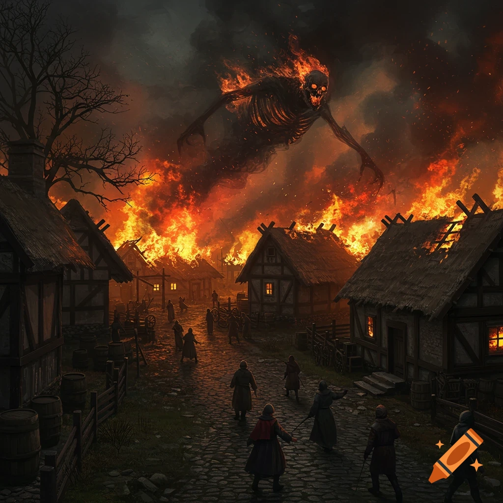A flying skeletal creature engulfed in flames attacks a burning medieval village.