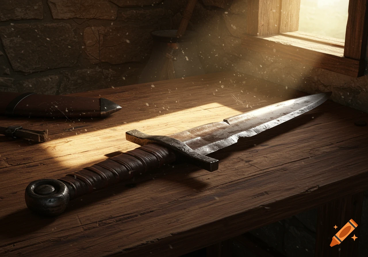 A worn, ancient sword with a leather-wrapped hilt lies on a rustic wooden table, illuminated by sunlight from a window.