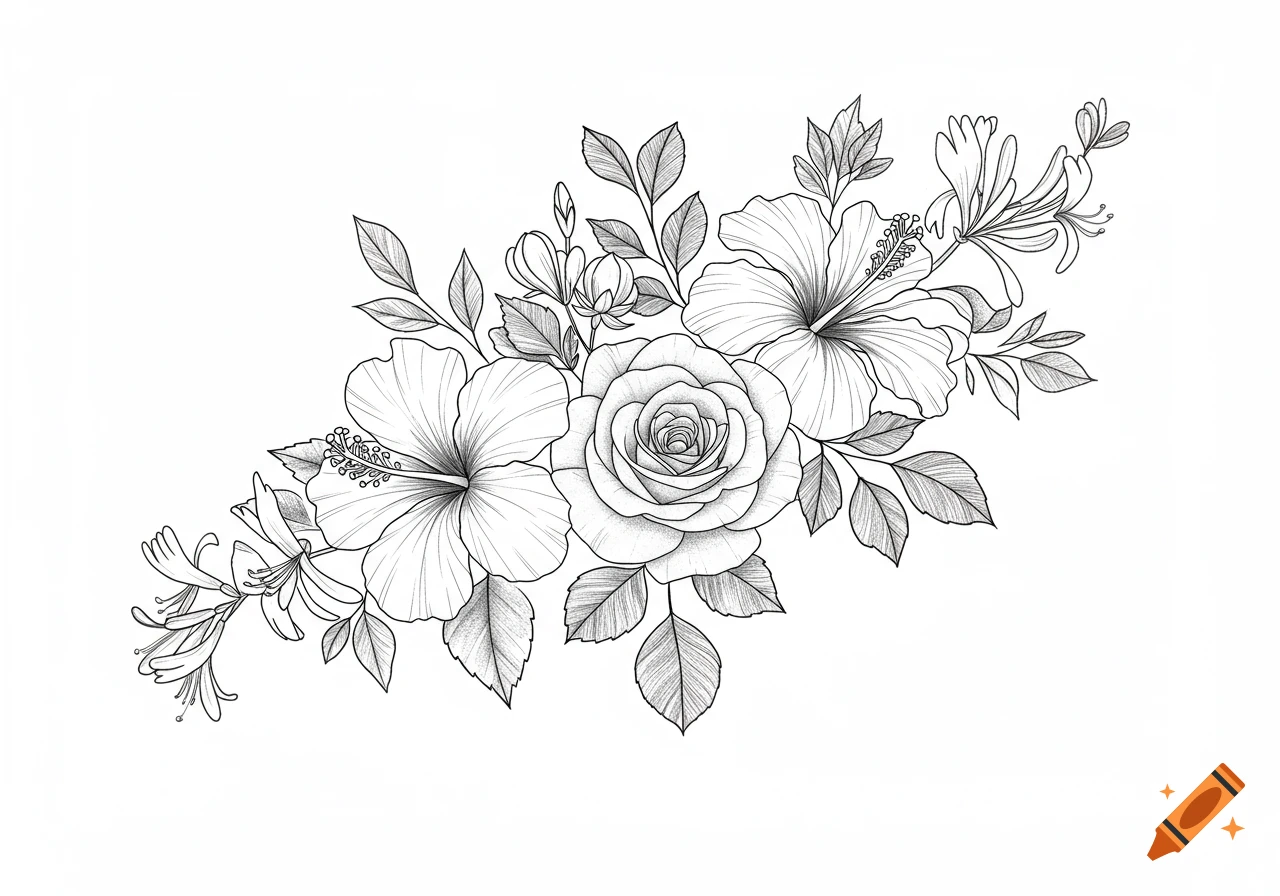 Fine line drawing of a bouquet with hibiscus, a rose, and honeysuckle flowers and leaves.