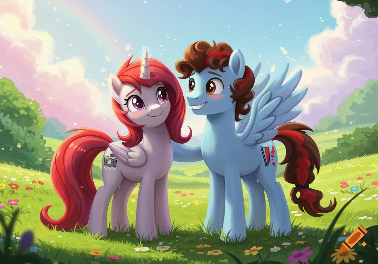 A purple unicorn with red hair and a camera cutie mark stands next to a blue Pegasus with brown hair and a film reel mark, both smiling in a sunny grassy field with a rainbow.