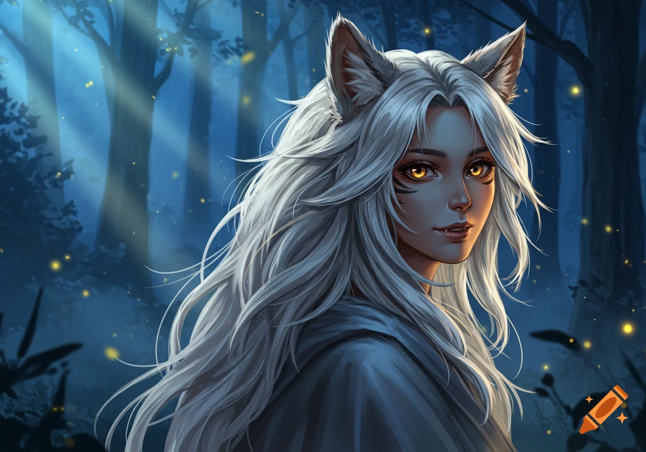 An anime-style girl with long white hair, wolf ears, glowing yellow eyes, and subtle fangs stands in a blue forest with light beams and fireflies.