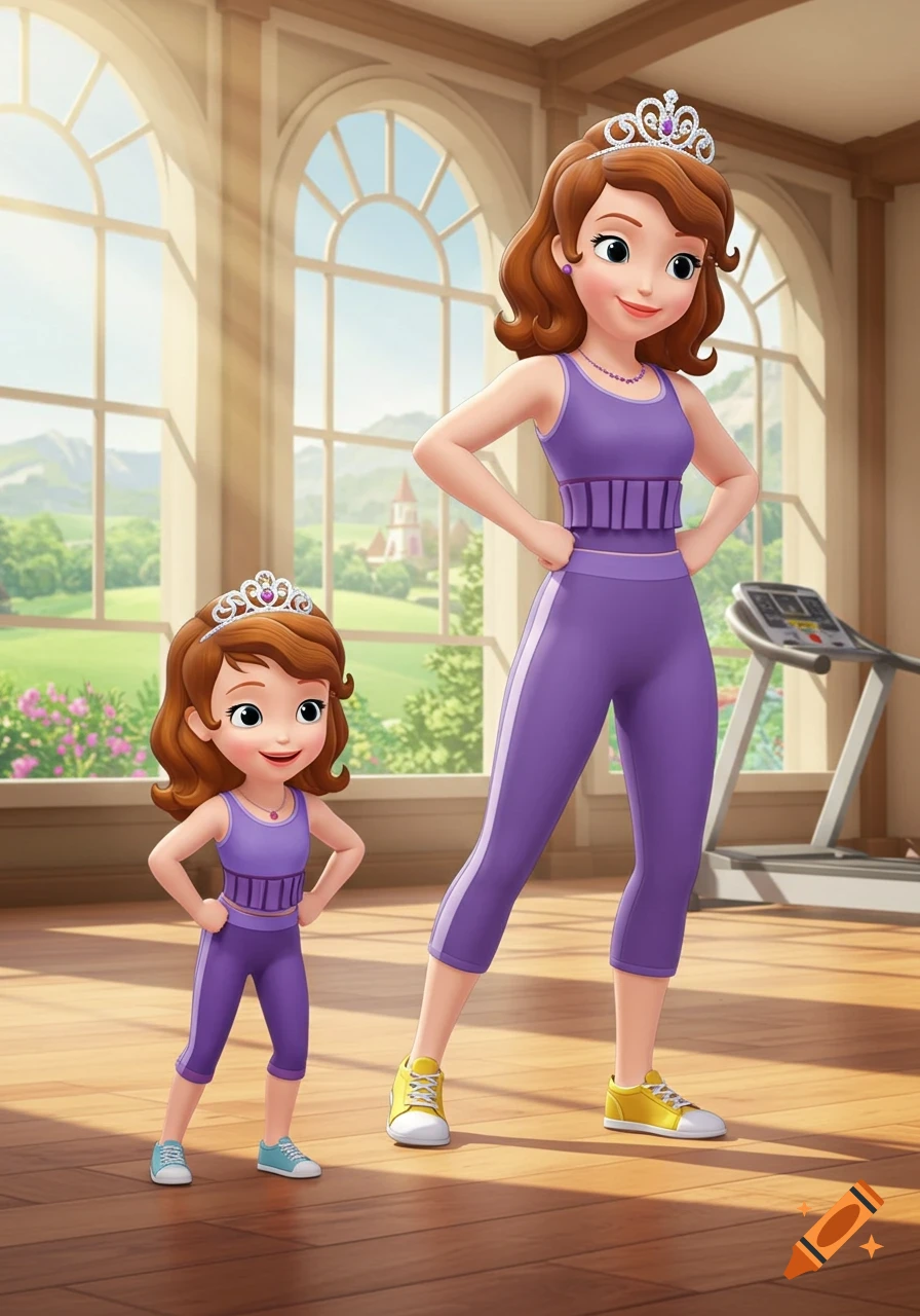 Animated mother and daughter, resembling Sofia the First characters, in purple workout clothes, posing in a sunny gym.