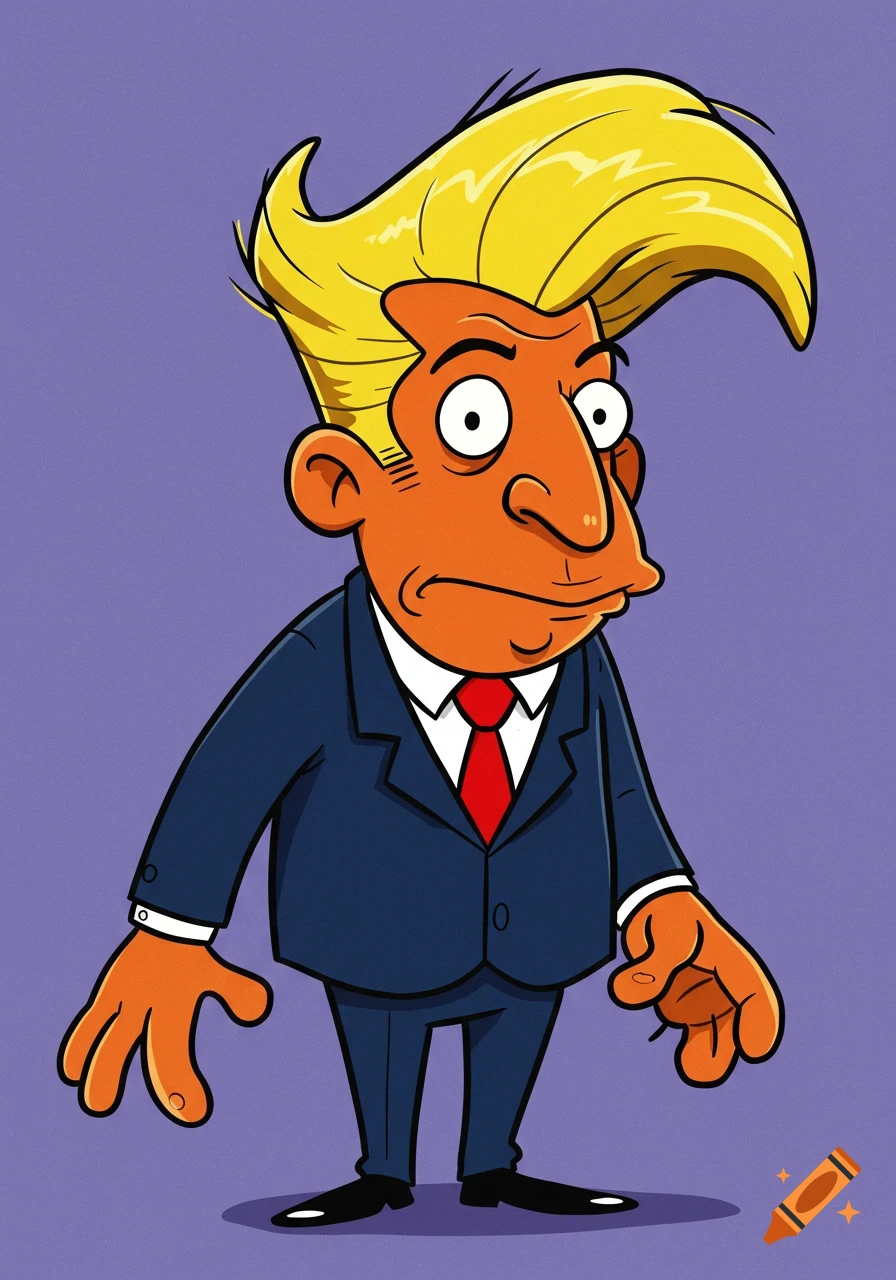 Cartoon man with orange skin, yellow comb-over hair, oversized hands, and a blue suit with a red tie.