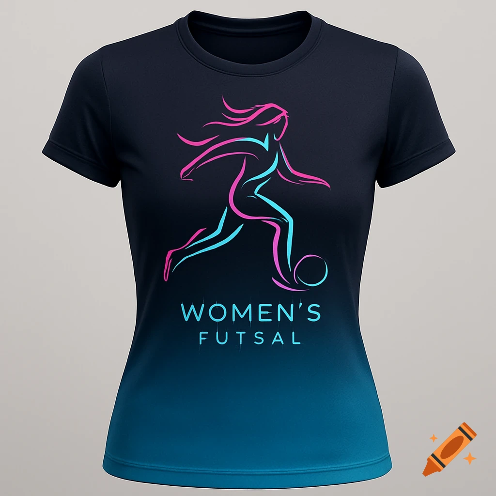 A dark blue t-shirt with a pink and blue gradient line art logo of a woman playing futsal and the text 'WOMEN'S FUTSAL'.