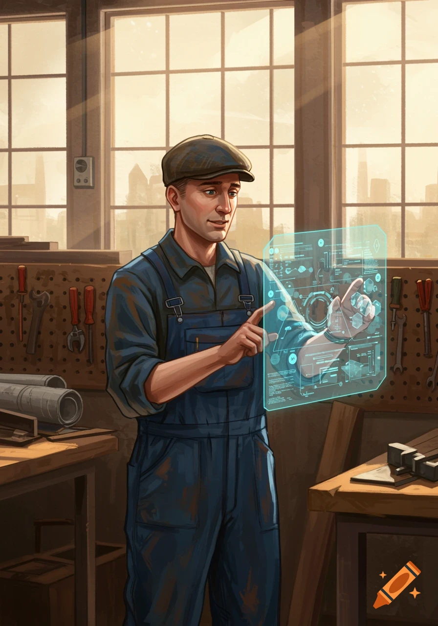 A tradesman in a workshop interacts with a futuristic glowing holographic interface, surrounded by tools and equipment.
