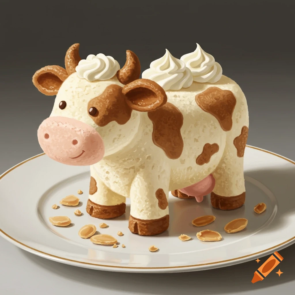 Illustrated ice cream cake shaped like a brown and white cow, topped with whipped cream, on a white plate with almond pieces.