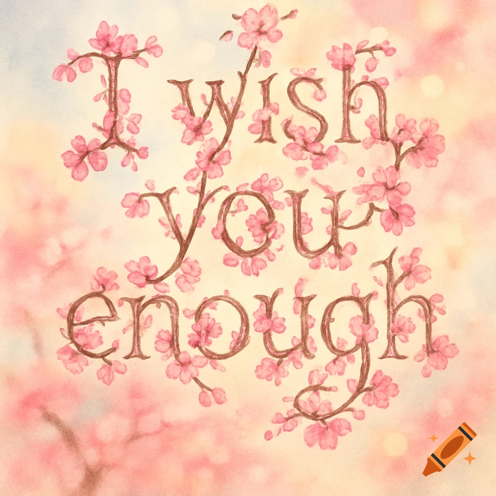 The phrase 'I wish you enough' rendered in stylized cherry blossom branches and pink flowers on a soft, blurry background.