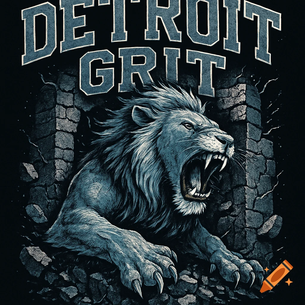 A roaring lion, in steel blue and charcoal tones, bursting through a cracked stone wall under the text 'DETROIT GRIT'.