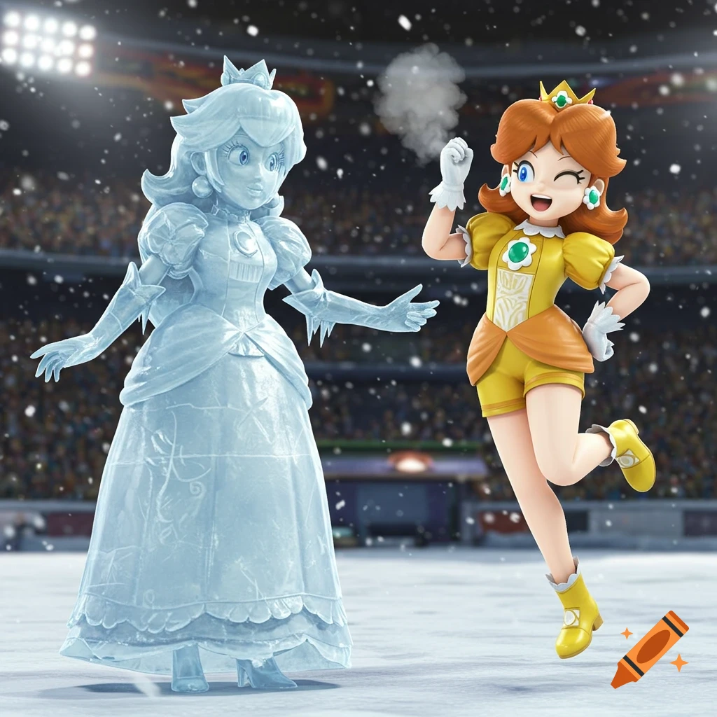 Princess Peach is an ice statue while Princess Daisy winks and smiles beside her in a snowy ice arena.