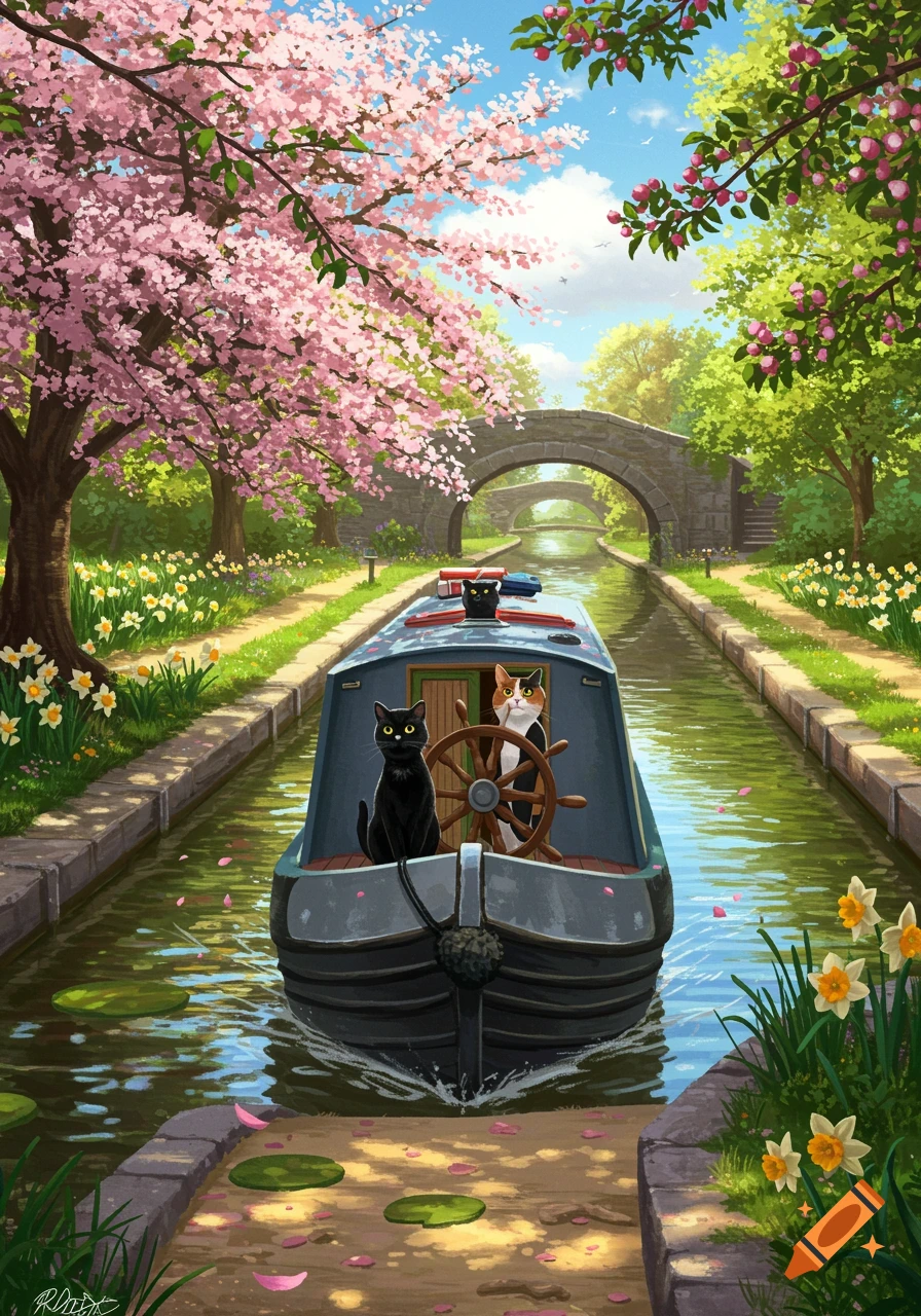 A colorful illustration depicts two cats on a narrowboat, steering through a canal lined with cherry blossoms and daffodils, with a stone bridge in the background.