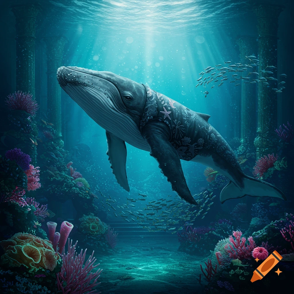 A large patterned whale swims underwater amidst coral reefs and ancient ruins, with sunlight filtering from above.