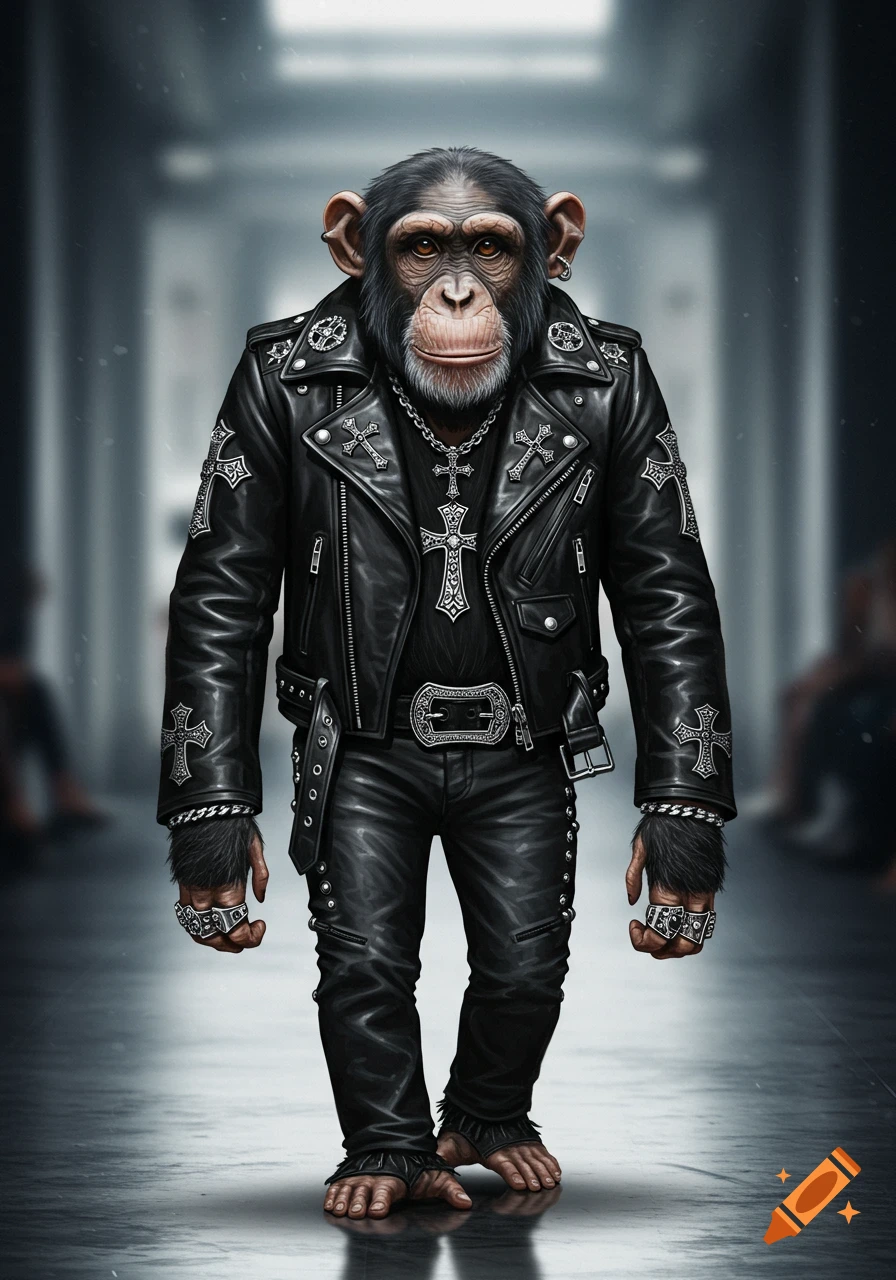 A photorealistic chimpanzee wearing a black leather biker jacket, pants, and ornate silver cross jewelry, standing in a hallway.