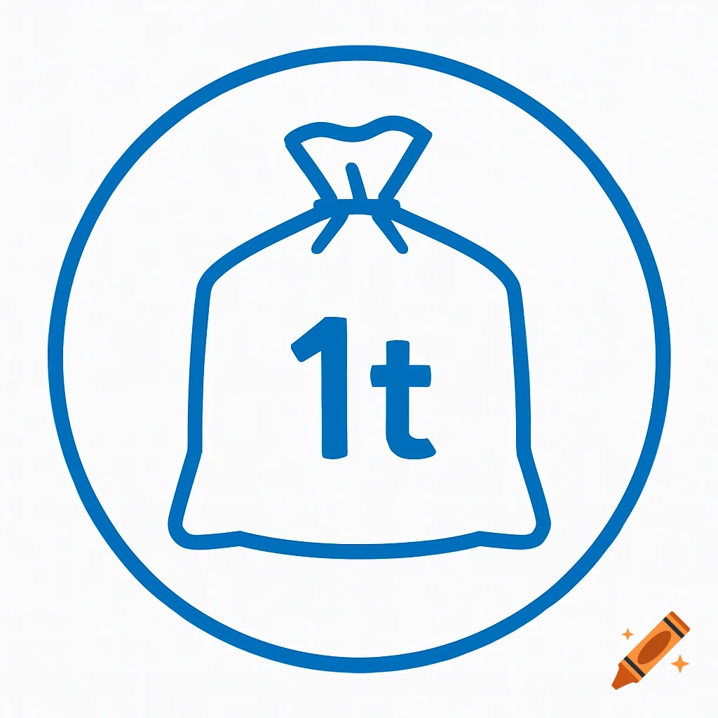 Minimalist blue and white icon of a bag labeled '1t' within a blue circle.