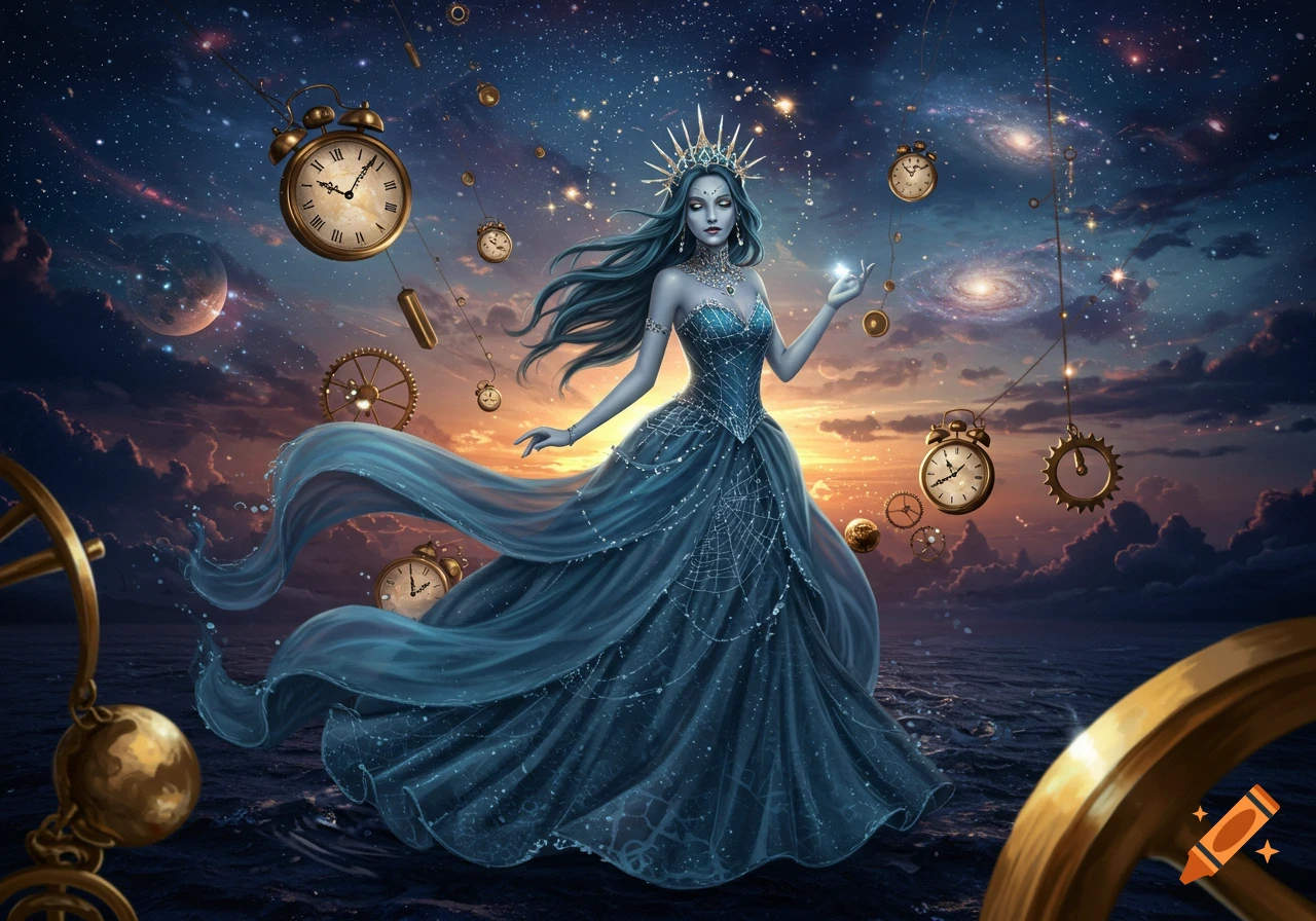 A fantasy woman in a flowing blue gown stands on water under a starry sky filled with floating clocks and gears.