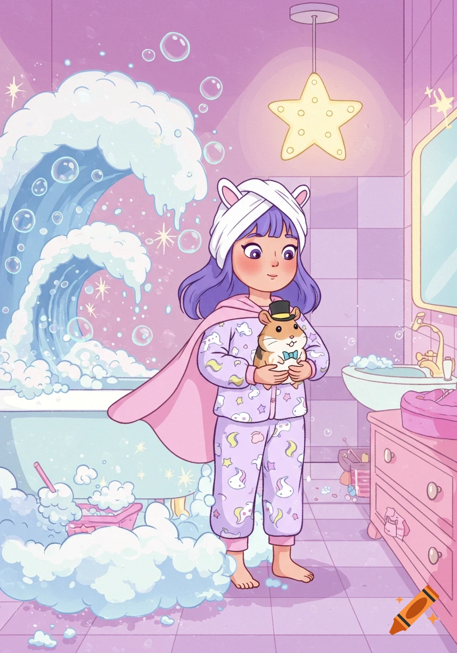 A cartoon girl in unicorn pajamas and a towel cape holds a hamster in a top hat, standing in a bubbly pink bathroom with a large wave of bubbles.