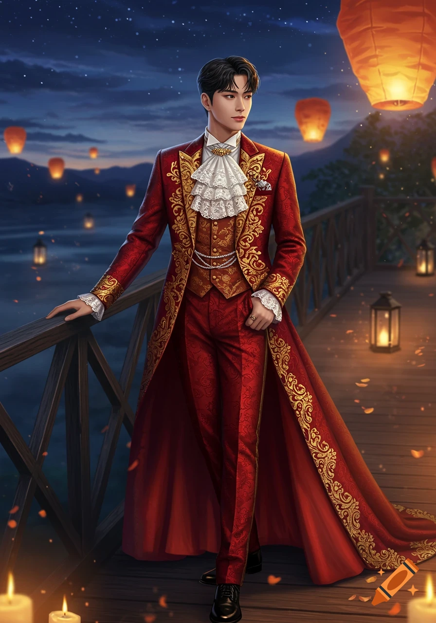 A young Korean man in an ornate red and gold suit stands on a wooden bridge at night with glowing lanterns and stars.